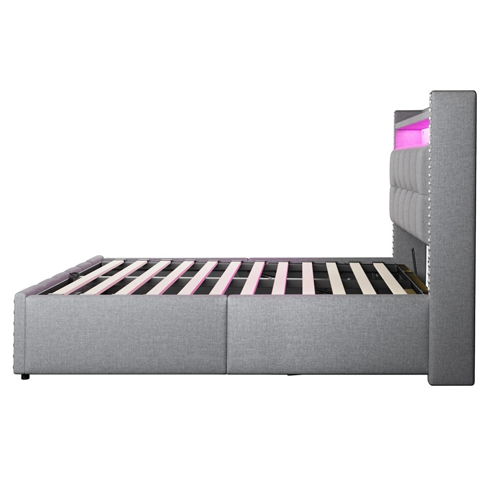 Letto matrimoniale-Xylo-160x200 cm-LED, USB, scaffale, idraulico, lino grigio