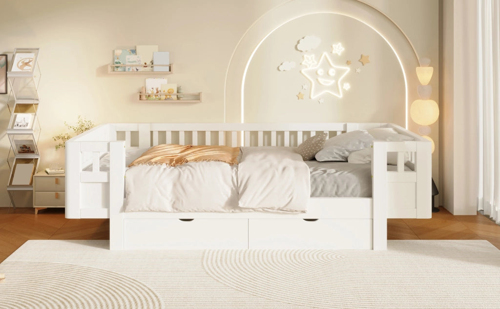 Letto a piattaforma 90 x 200 cm con sponda protettiva e due cassetti, in legno massiccio e MDF bianco per bambini