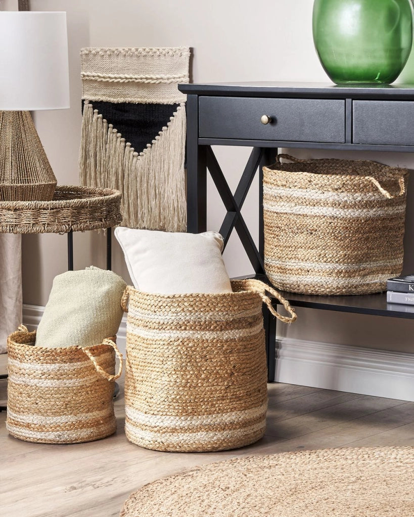 Set di 3 cestini in tessuto di iuta naturale 26/31/35 cm per conservare lo stile rustico boho