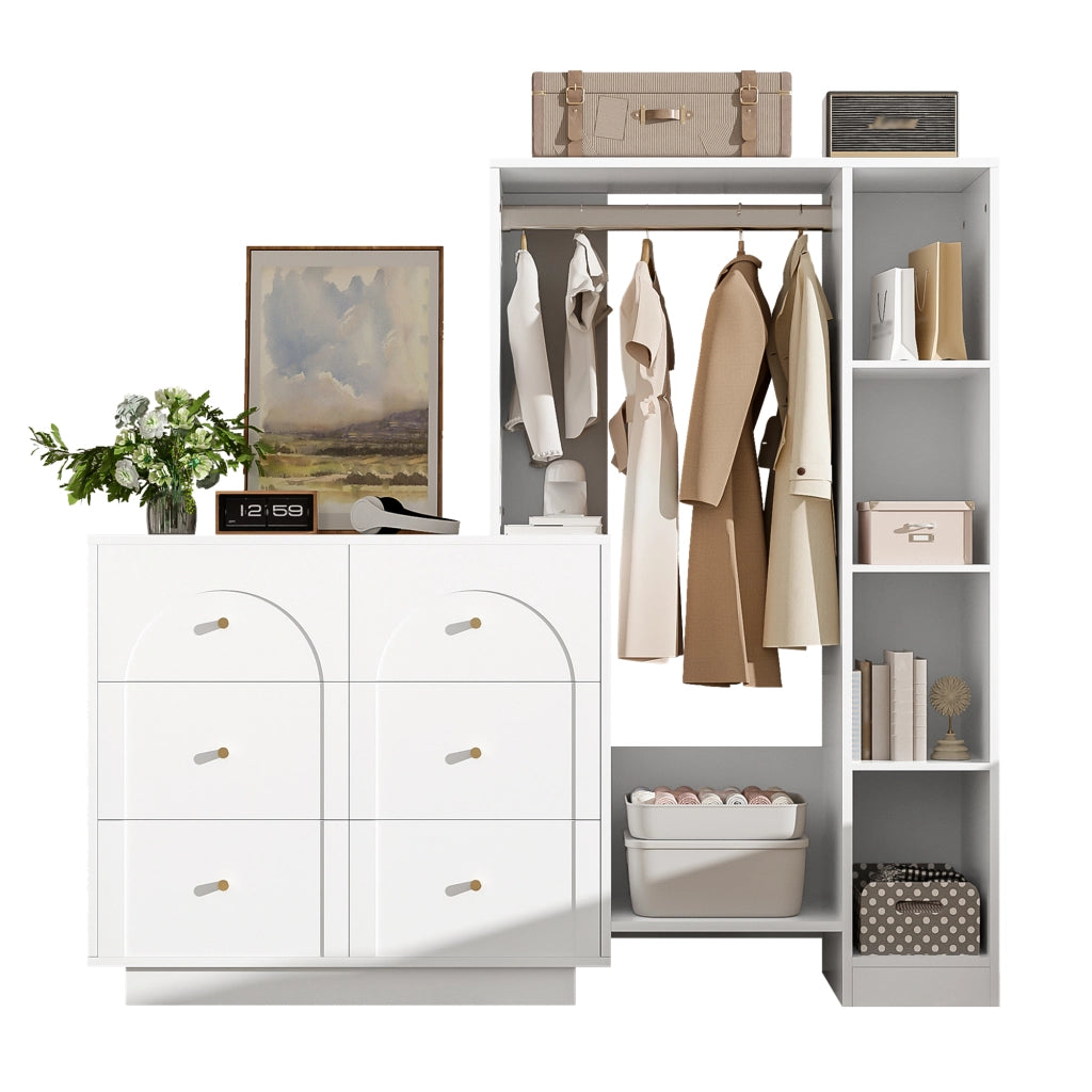 Armadio Guardaroba Aperto Bianco 139×35×133 cm con Barra Appendabiti; 6 Cassetti e Ripiani Laterali