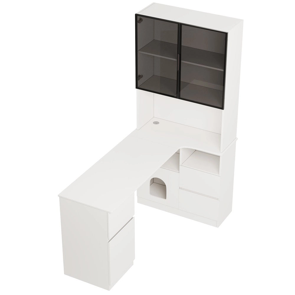 Scrivania Angolare con Libreria, Vetrina LED e Cassetti ¨C Xylo ¨C 120x80x180 cm