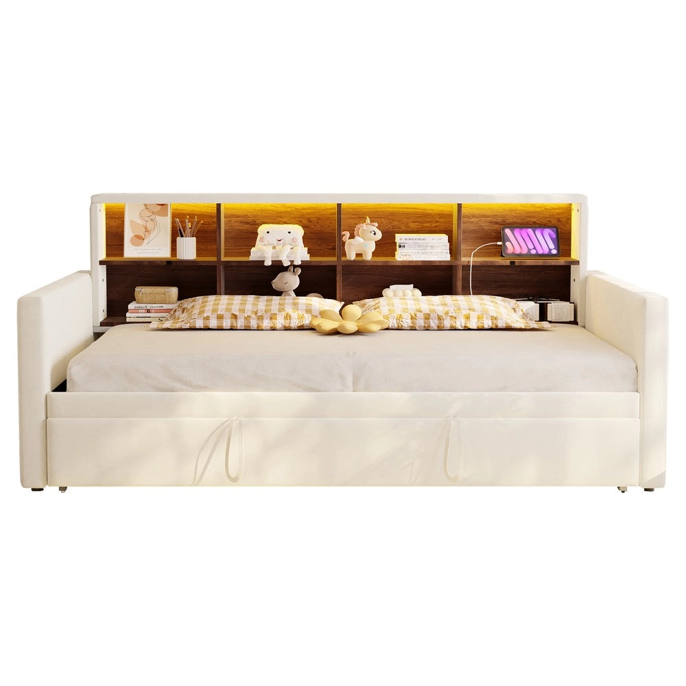 Letto Imbottito con Vano Contenitore, LED e Presa USB ¨C MINIMAL ¨C Velluto Beige 90x190