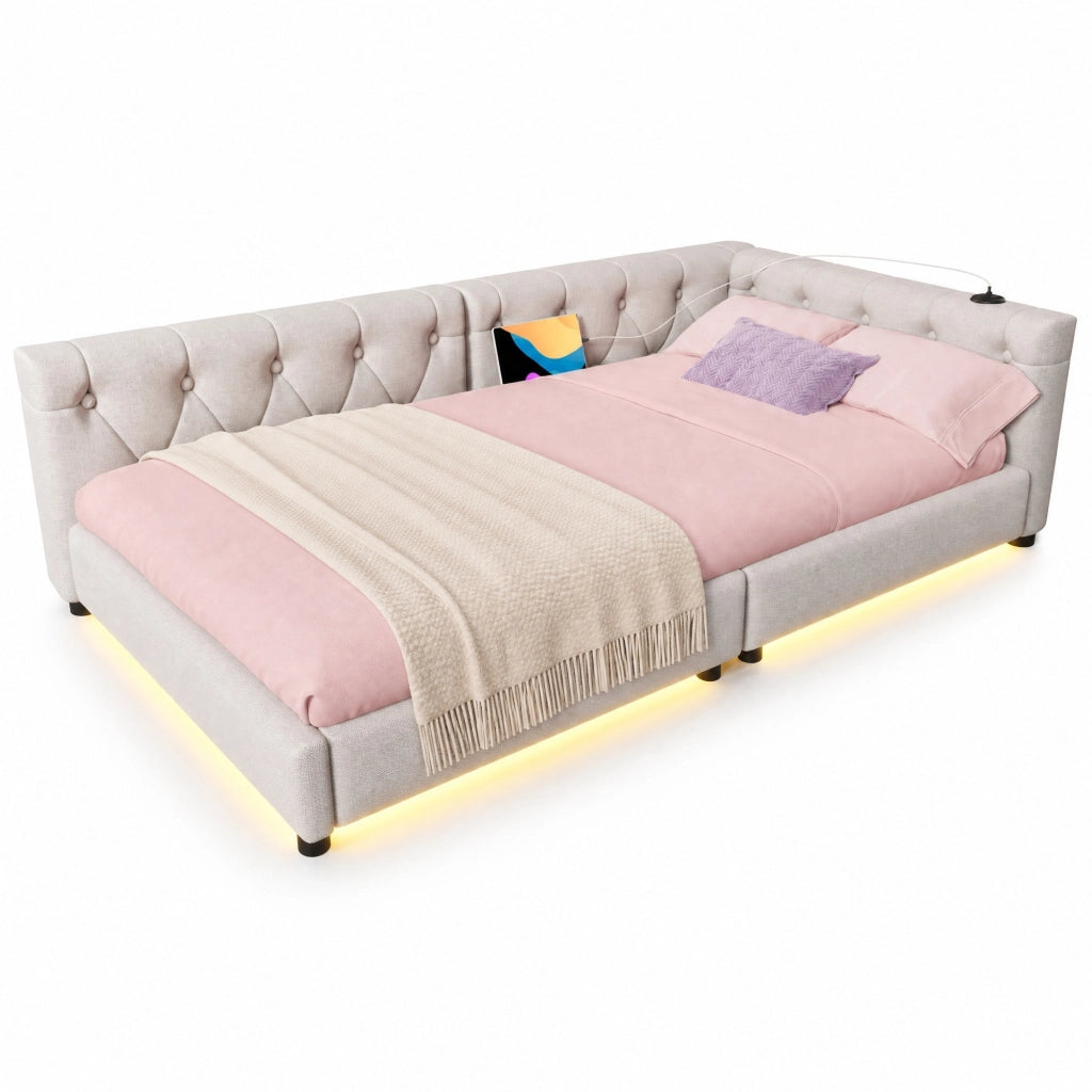 Letto daybed 90x200 cm in lino beige con rete a doghe, LED RGB, USB e Type-C, senza materasso