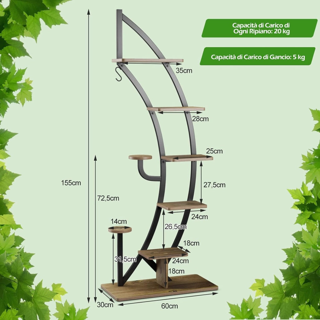 Scaffale per Piante a 7 Livelli, Scaffale a Forma di Mezza Luna con Gancio e Dispositivo Antiribaltamento, Porta Piante e Fiori per Interno, Balcone e Soggiorno, 60 x 30 x 155 cm (1 PEZZO)