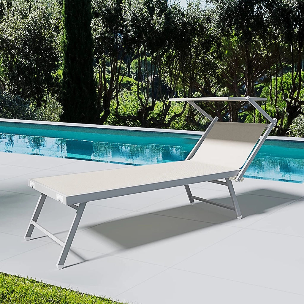 Coppia Di Lettini Beige Prendisole Pieghevole Professionale In Alluminio Tettuccio Orientabile Tettino Parasole Sdraio Lettino Prendi Sole Mare Spiaggia Piscina Giardino 182 x 60 x 38 cm