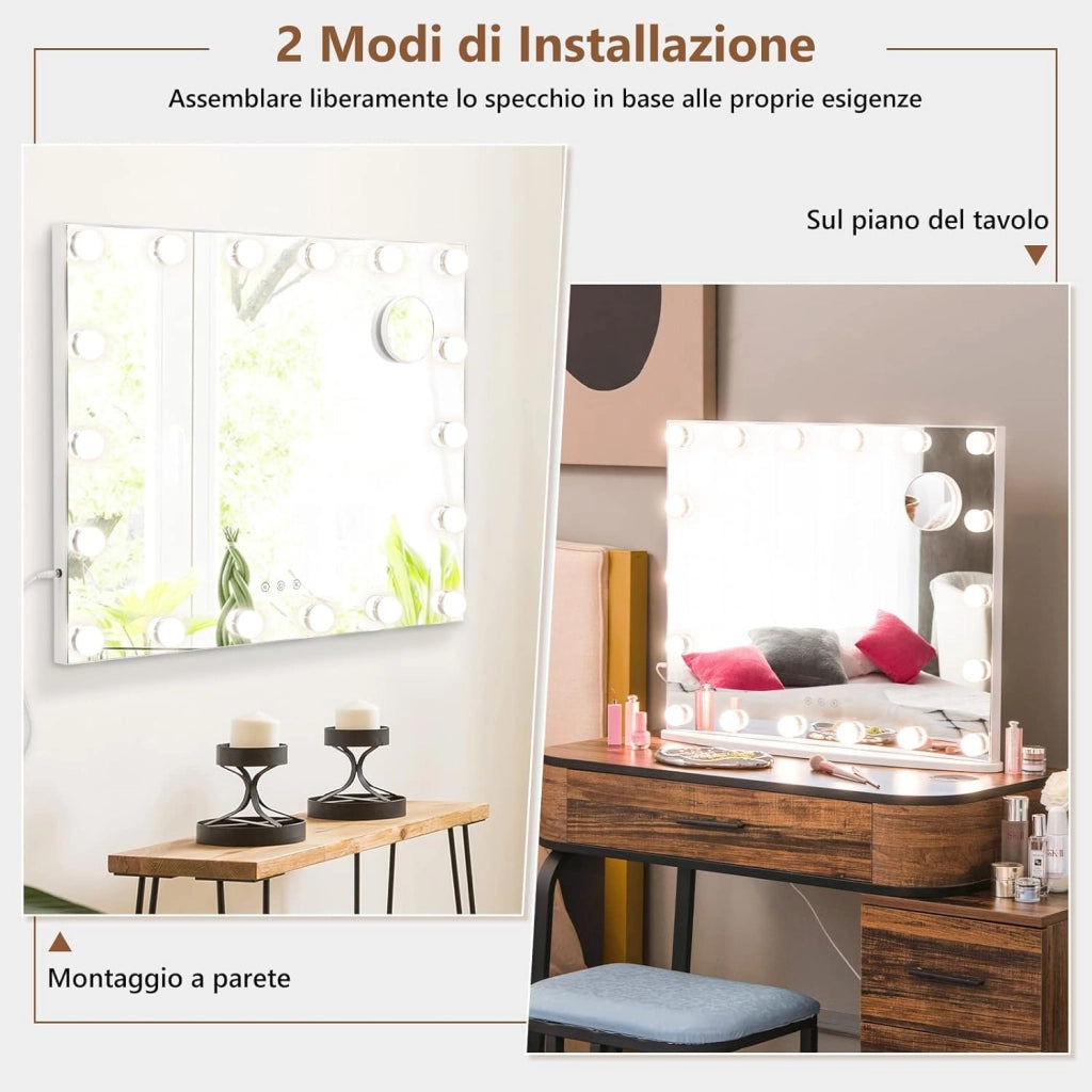 Specchio Trucco con 18 Luci, Specchio Rettangolare per Bagno con Interruttore a Sfioramento, Luce LED a 3 Colori, Luminosità Regolabile, 65 x 52,5 cm