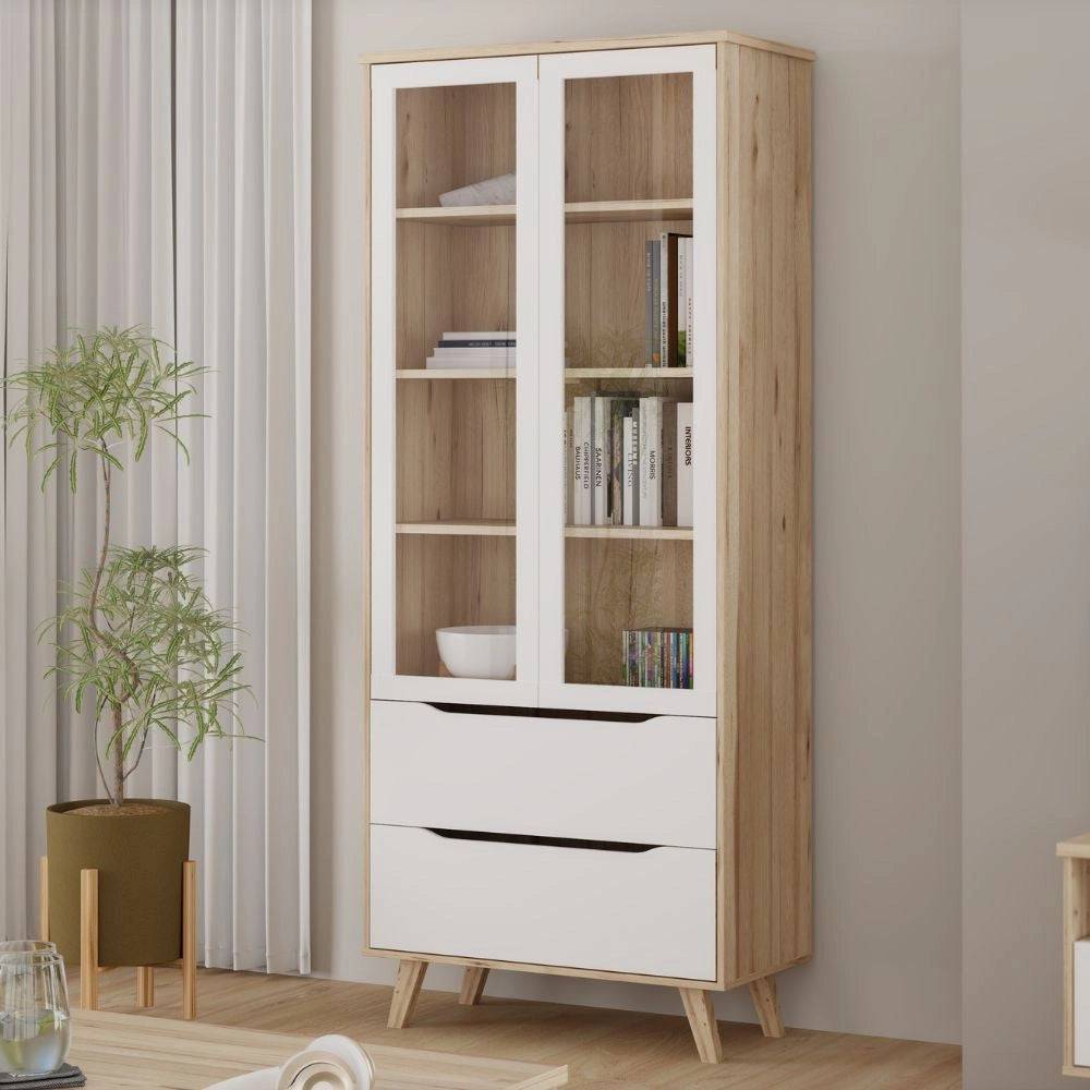 Vetrina Axis 2 Ante in Vetro e 2 Cassetti Rovere e Bianco – Eleganza Moderna e Massima Luminosità