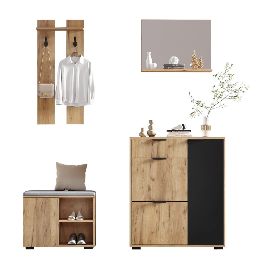 Set guardaroba da ingresso con panca scarpiera; specchio e appendiabiti 140x35x139 cm in truciolare naturale e nero