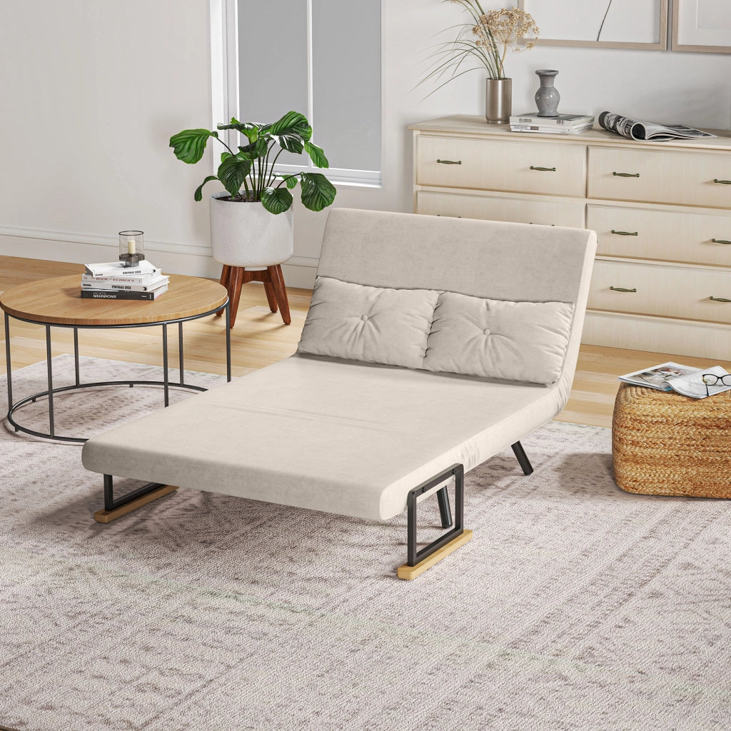 Divano Letto in Tessuto Velluto con Schienale Regolabile e Cuscini ¨C zephmum ¨C Bianco Crema 102x73x81 cm