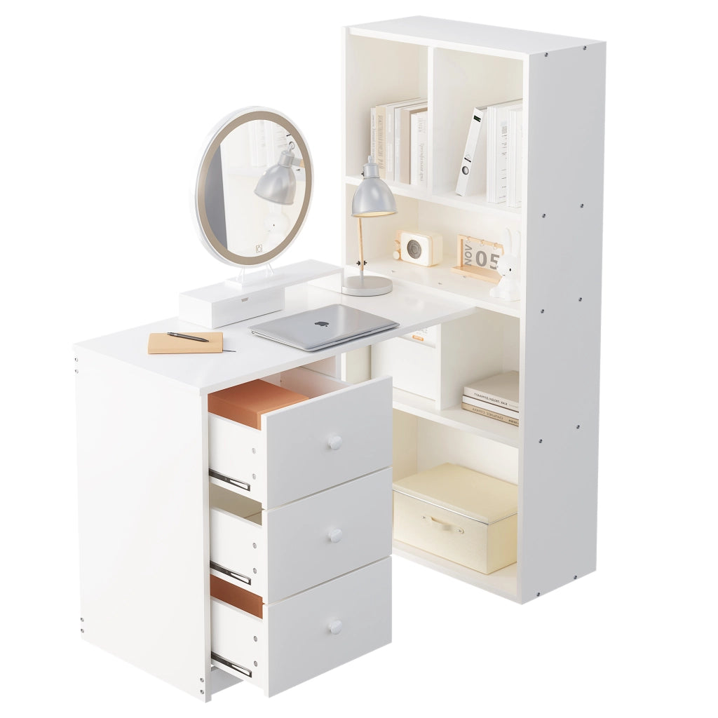 Scrivania angolare con libreria 4 ripiani e 3 cassetti per home office in legno bianco 117 × 63 × 135 cm
