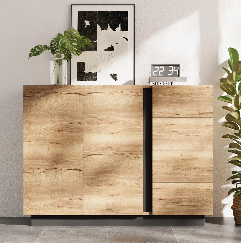 Credenza 4 cassetti 2 ante nera e legno naturale con apertura a pressione per casa ordinata