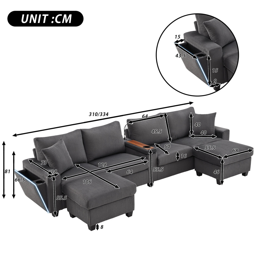 Divano angolare a U in velluto a coste grigio 334x128;5x81 cm con LED; USB e tavolini contenitore
