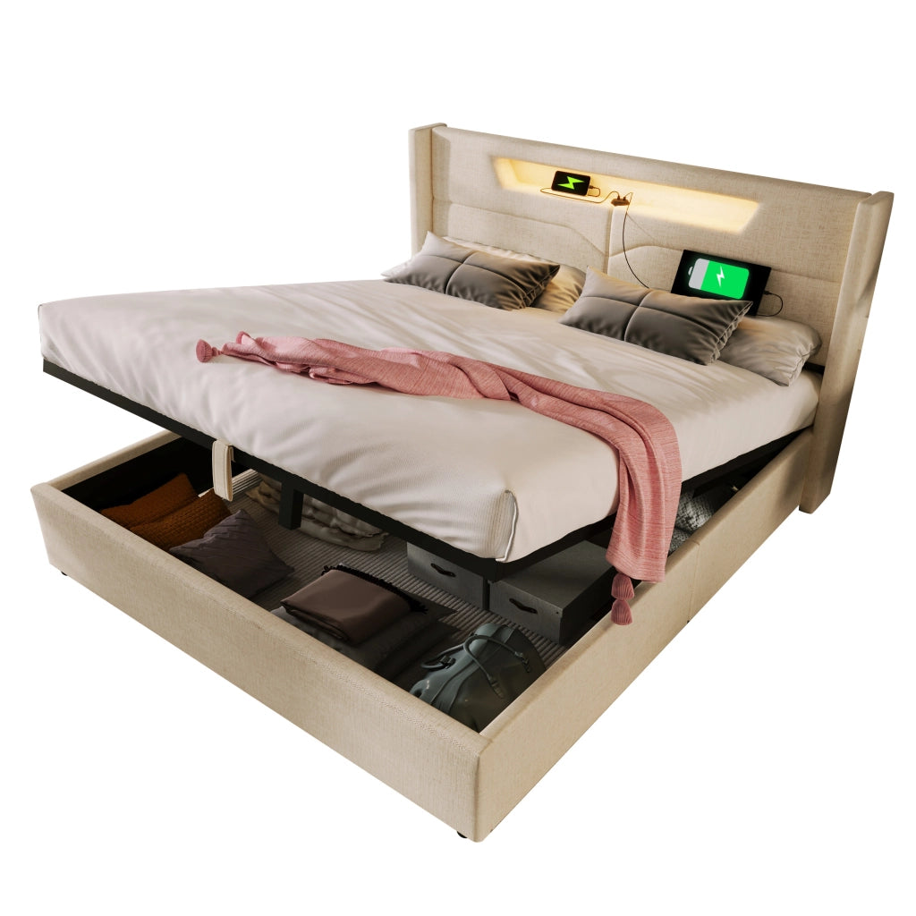 OKWISH Letto Contenitore Letto Matrimoniale, USB, Tipo C e LED, 160 x 200 cm, con Materasso, Lino, Beige