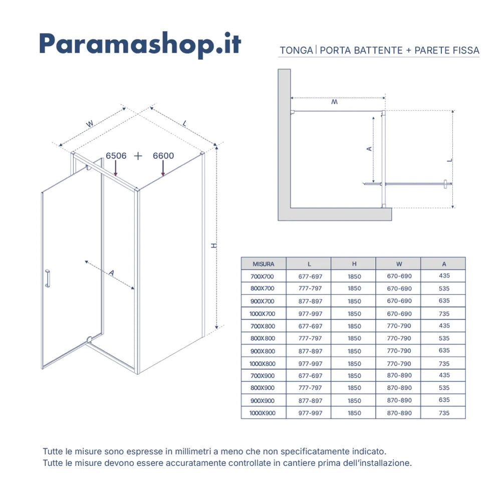 Box doccia 90x80 cm con apertura a battente e parete fissa vetro 6mm stampato profili cromati h185 | Tonga