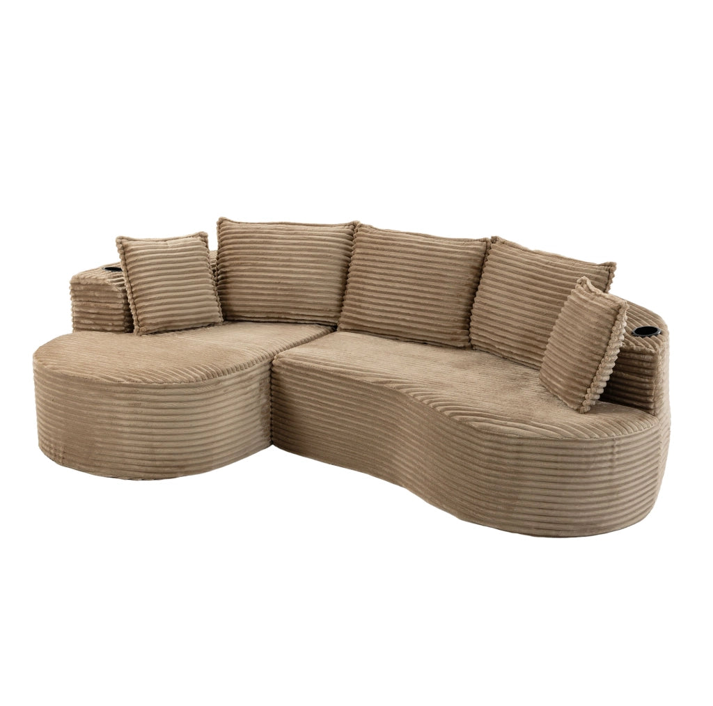 Divano curvo con portabicchieri e tasche laterali; 250x152x82 cm; in velluto color khaki