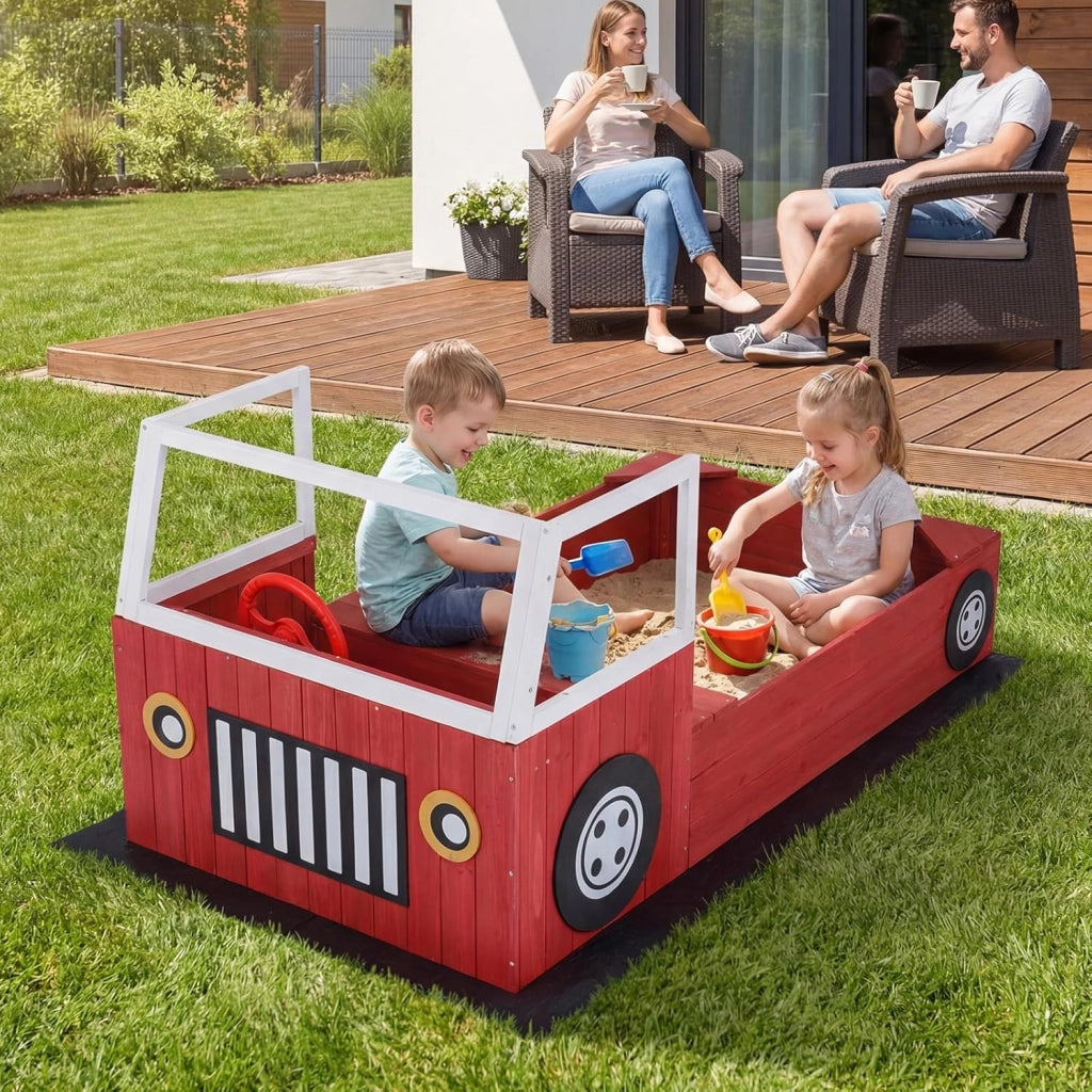 Sabbiera per Bambini in Legno Massello, Sabbionaia da Esterno con Panca Sedile e Fodera, Forma di Autopompa, Gioco per Spiaggia, Cortile e Giardino, 156x80x70 cm