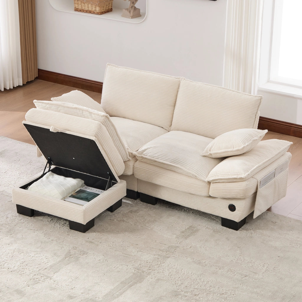 Divano modulare 2 posti in corduroy con pouf, seduta ergonomica, porta USB-C, tasche laterali e cuscini beige