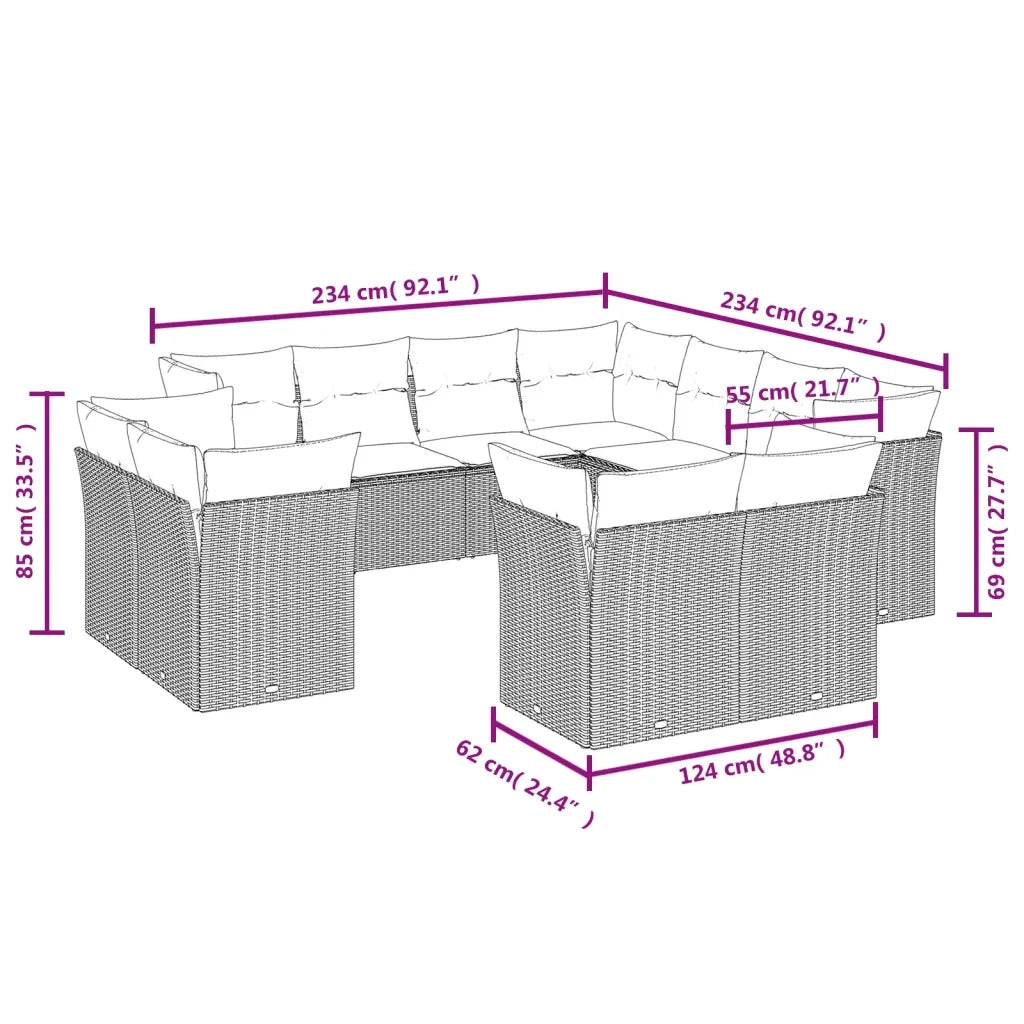 Set Divani da Giardino 11 pz con Cuscini Beige in Polyrattan