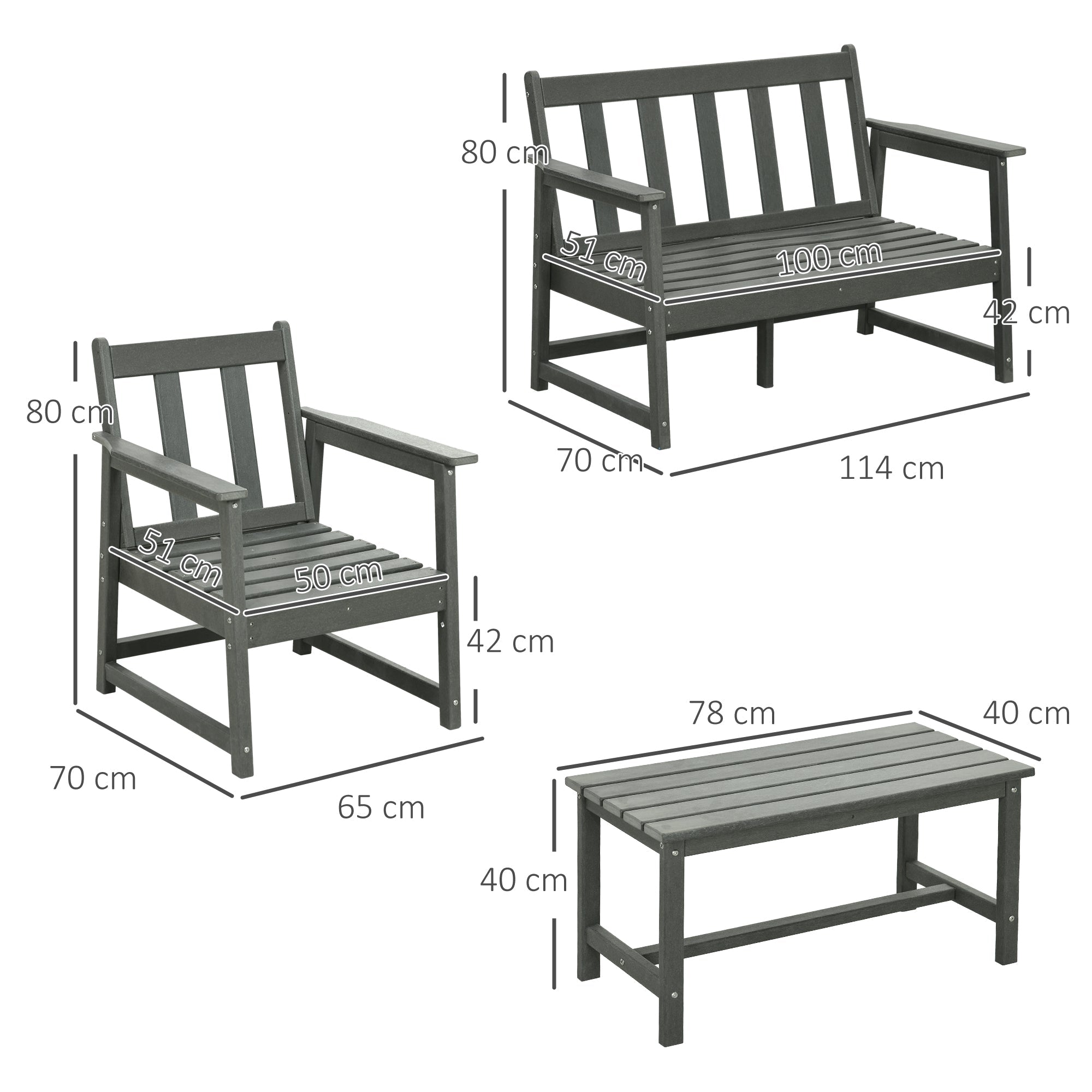 Set Salotto da Giardino Divano 2 Poltrone e Tavolino in HDPE con Cuscini Grigio Scuro
