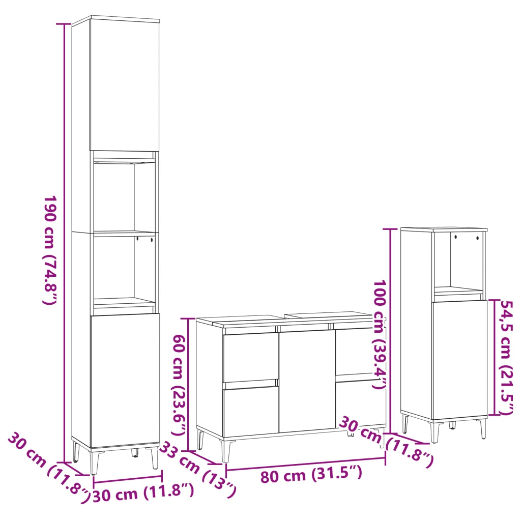 Set Mobili da Bagno | Armadio da bagno 3 pz Rovere Sonoma in Legno Multistrato