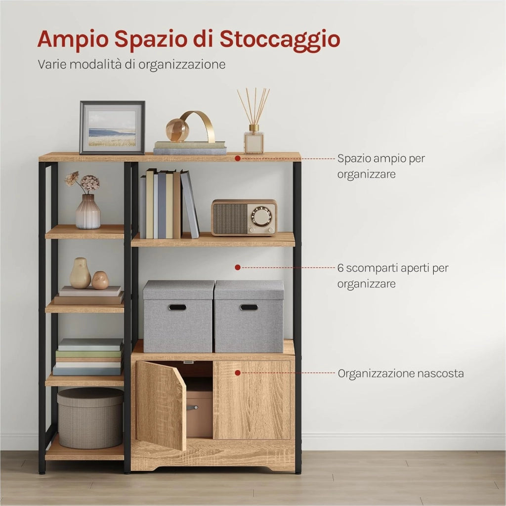 Scaffale Moderno con Ripiani e Armadietto, Scaffale Divisorio 80x35x97 cm, Stile Industriale, Struttura in Metallo, Nero + Rovere Chiaro, RGB08hei