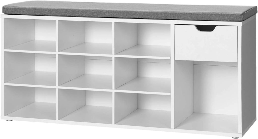 VASAGLE Panca Scarpiera, Panca Contenitore con Cassetto e Scomparti Aperti, Scaffale Portascarpe, Seduta Imbottita, Ingresso Camera da Letto, 30 x 104 x 48 cm, Bianco e Grigio LHS24WT