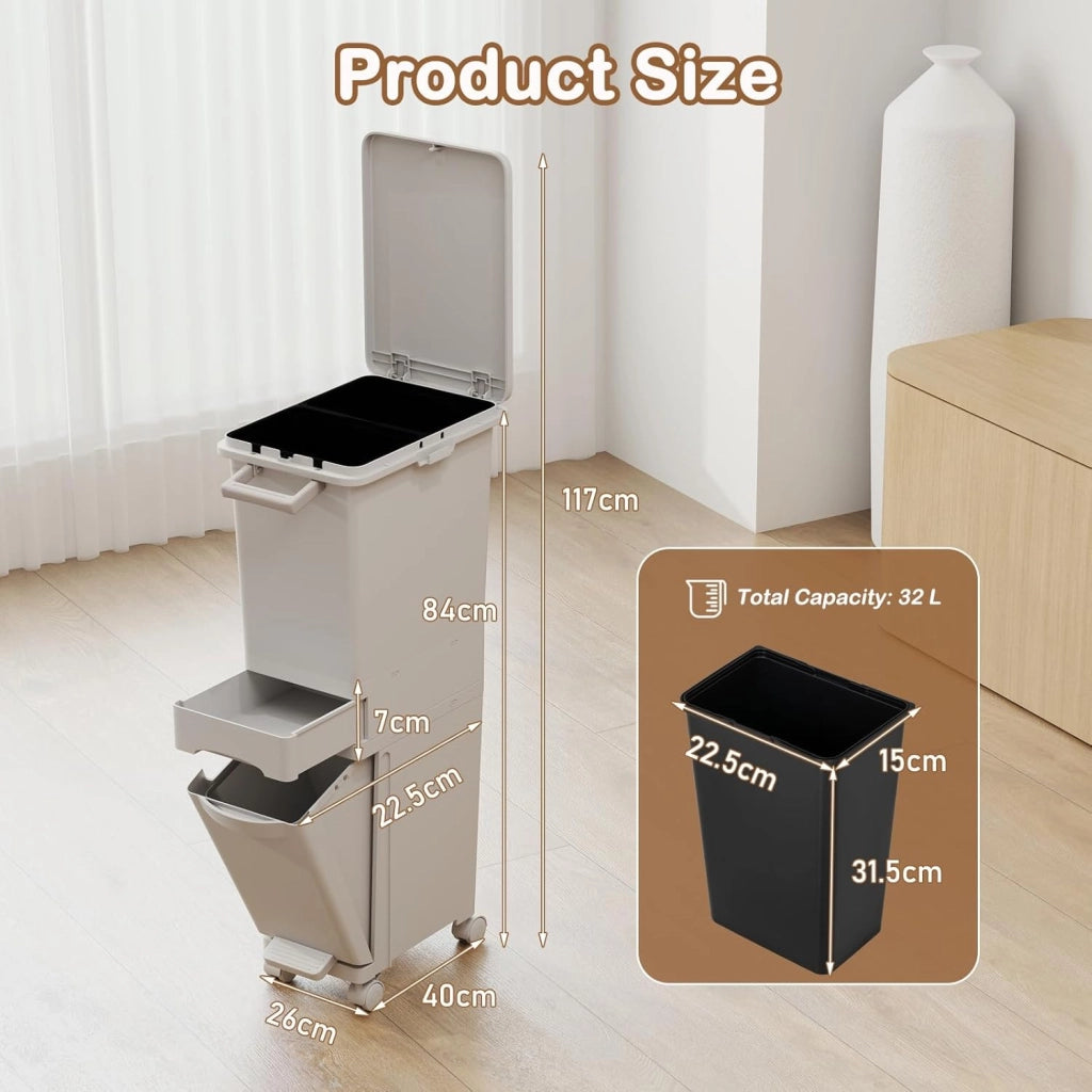 Pattumiera Tri Selectif da 32L per Cucina, 3-in-1 con 2 Contenitori Estraibili, Cassetti, Pedale e Ruote, Include Adesivi per Raccolta Rifiuti (Bianco)