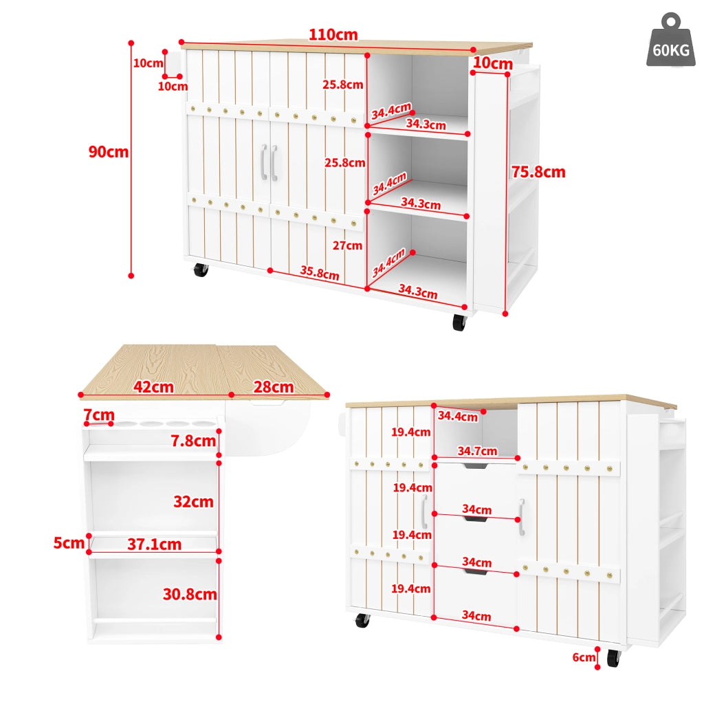 Carrello da Cucina con 3 Cassetti; 2 Ante Scorrevoli e Piano Pieghevole; 110 x 42 x 90 cm; Bianco