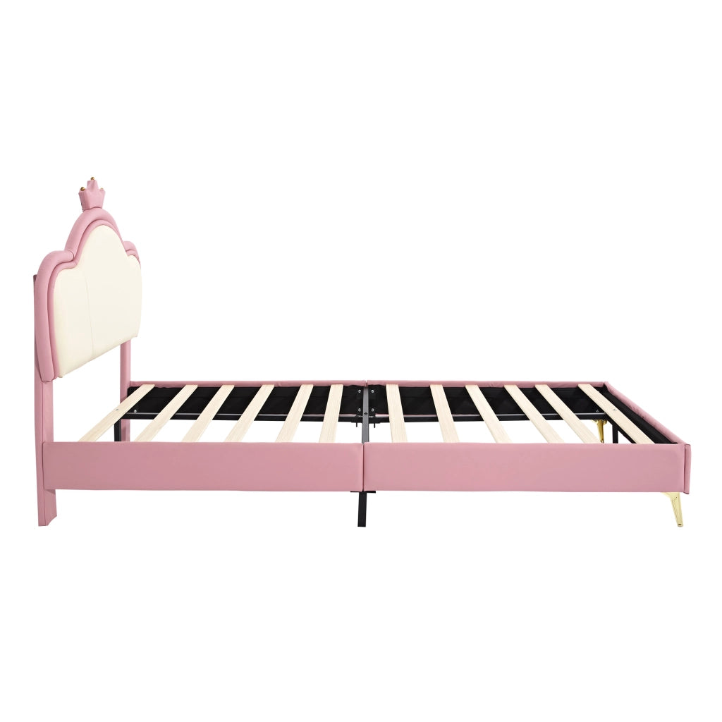 Lit enfant rembourré 90x200 cm rose et blanc avec tête de lit couronne; protection douce et structure stable