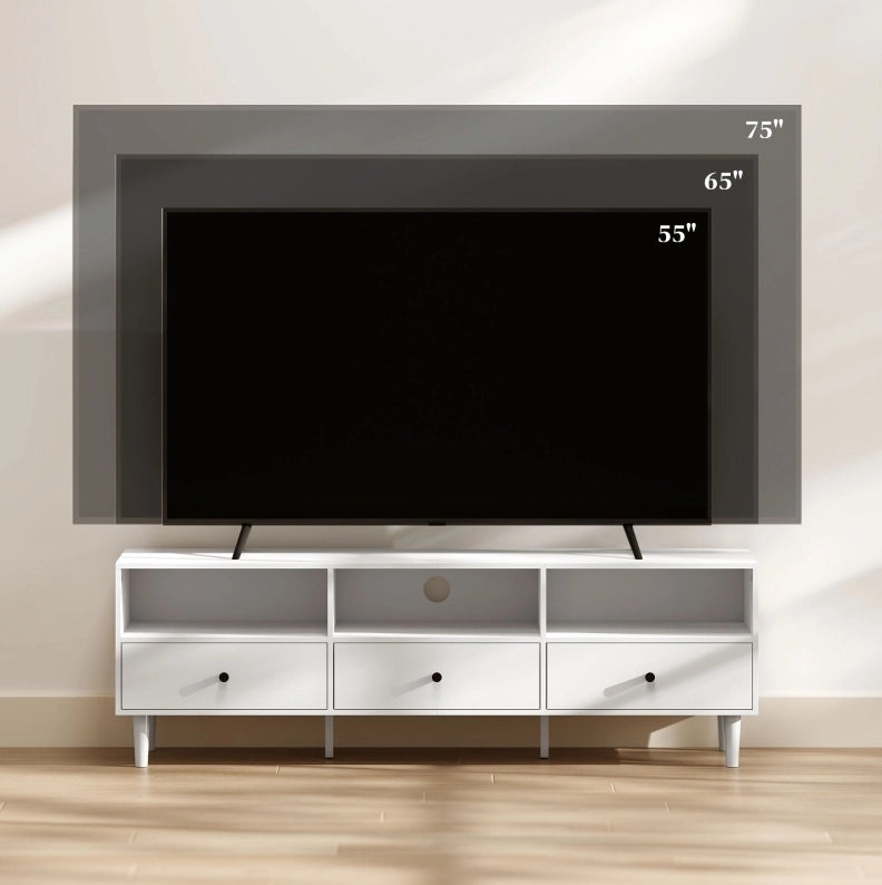 Mobile TV bianco 140 cm con 3 cassetti, vani aperti e passacavi