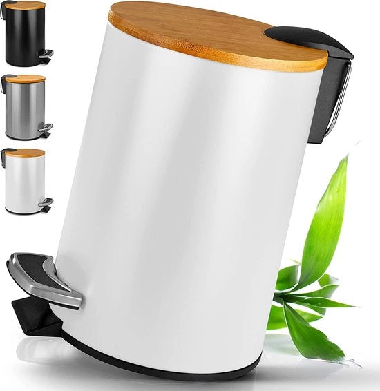 Vaso da bagno in emme con rivestimento in bambù - contenitore da bagno con meccanismo softclose - vasca da bagno di alta qualità - contenitore da bagno pedale (3 litri, bianco)