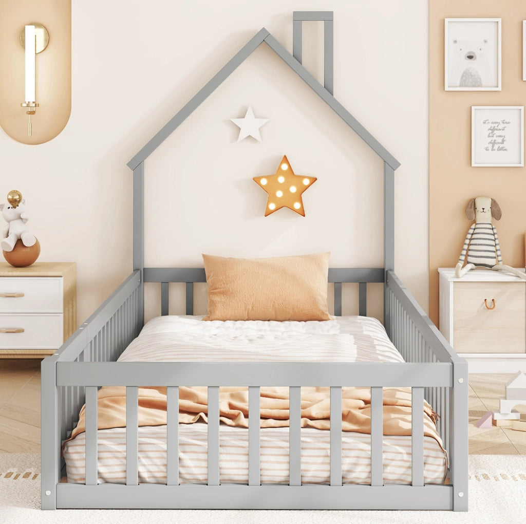 Letto a casetta per bambini 90x200 cm con rete a doghe grigio