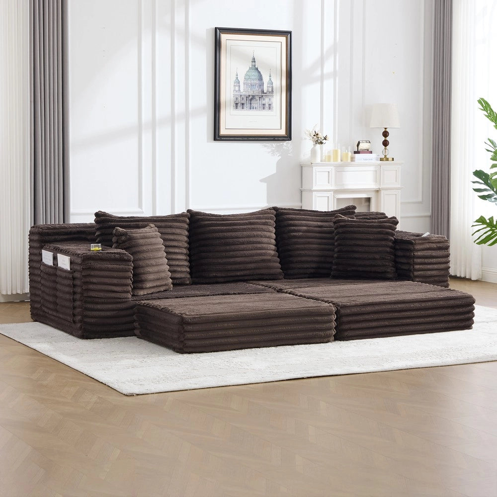 Divano letto in tessuto - Zephmum - Schienale alto, cuscini extra, tasche e porta-bevande, imbottitura morbida, marrone caff¨¨