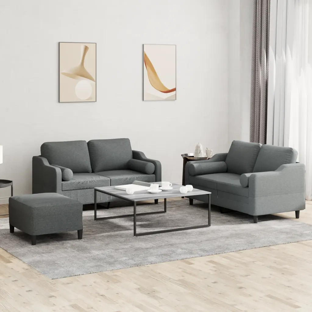 Set di Divani 3 pz con Cuscini Grigio Scuro in Tessuto