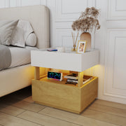 COMODINO 50x40x50 cm con ricarica wireless e LED, Bianco/Naturale, 2 cassetti