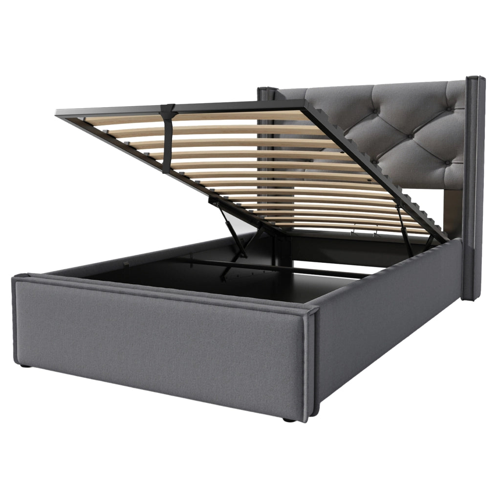 Letto singolo imbottito 90x200 cm con contenitore; sollevamento idraulico; grigio