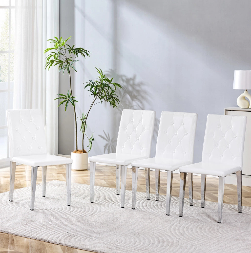 Set di 4 sedie da pranzo in PU bianco con gambe in metallo argento; seduta 42 x 43 cm