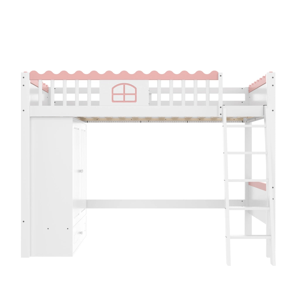 Letto a Soppalco con LED e Armadio ¨C MINIMAL ¨C Pino Massello, Bianco, 90x200