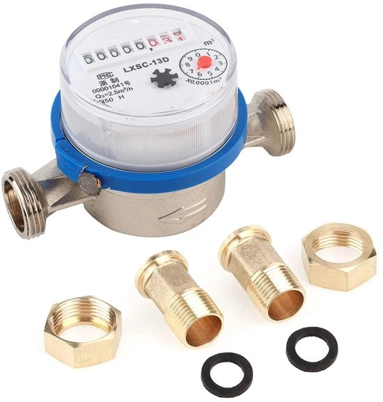 Contatore d'acqua - Corrosione resistente - Diametro 15mm - Progettazione compatta - Per interni/esterni - Con filtro integrato - Lunga durata - Contatore di flusso