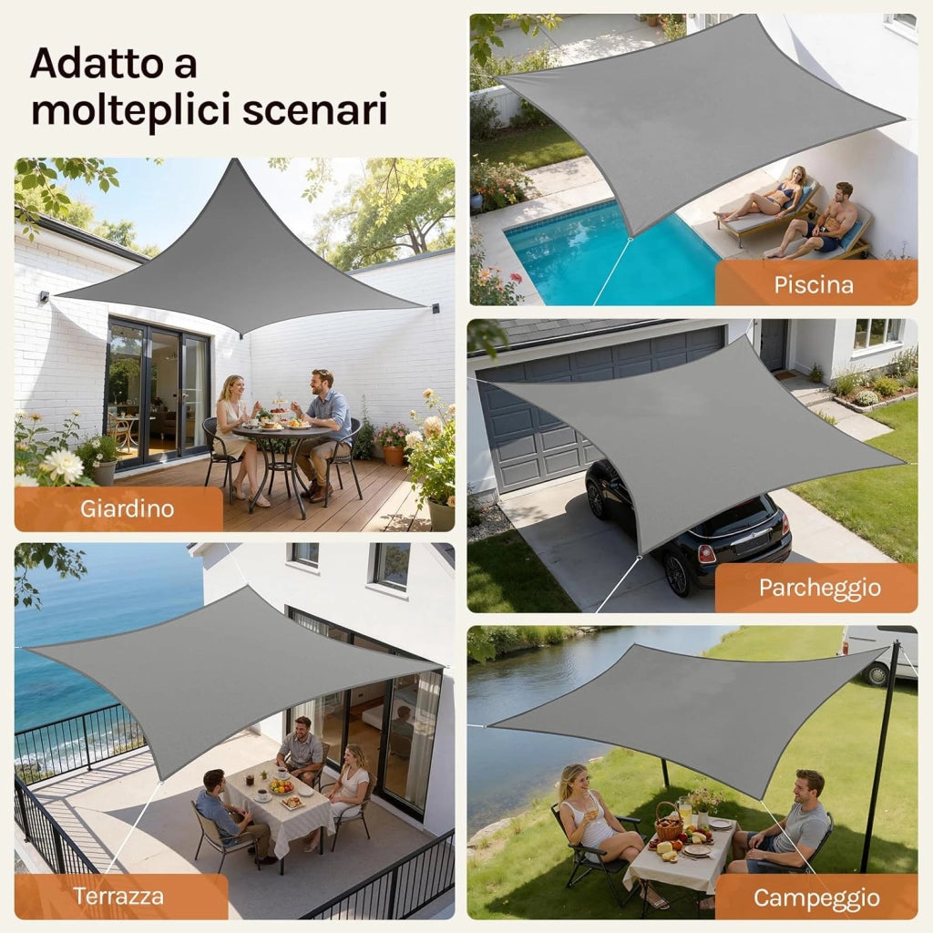 Vela ombreggiante 5x5m in HDPE 180 g/m² Traspirante Tenda a Vela Parasole Quadrato Protezione Solare Respirante Anti UV Giardino Esterni Grigio