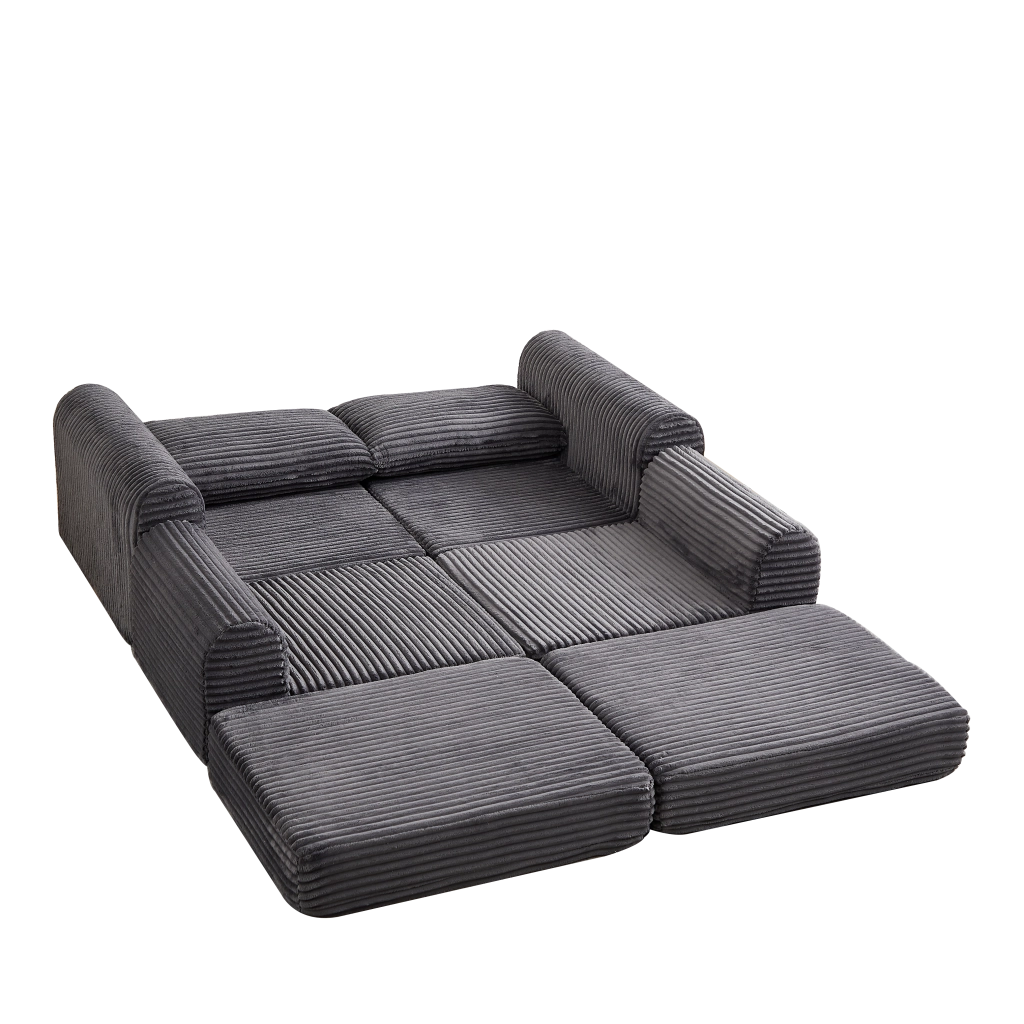 Divano letto modulare in velluto a coste con chaise longue rimovibile e braccioli curvi grigio per soggiorno e relax