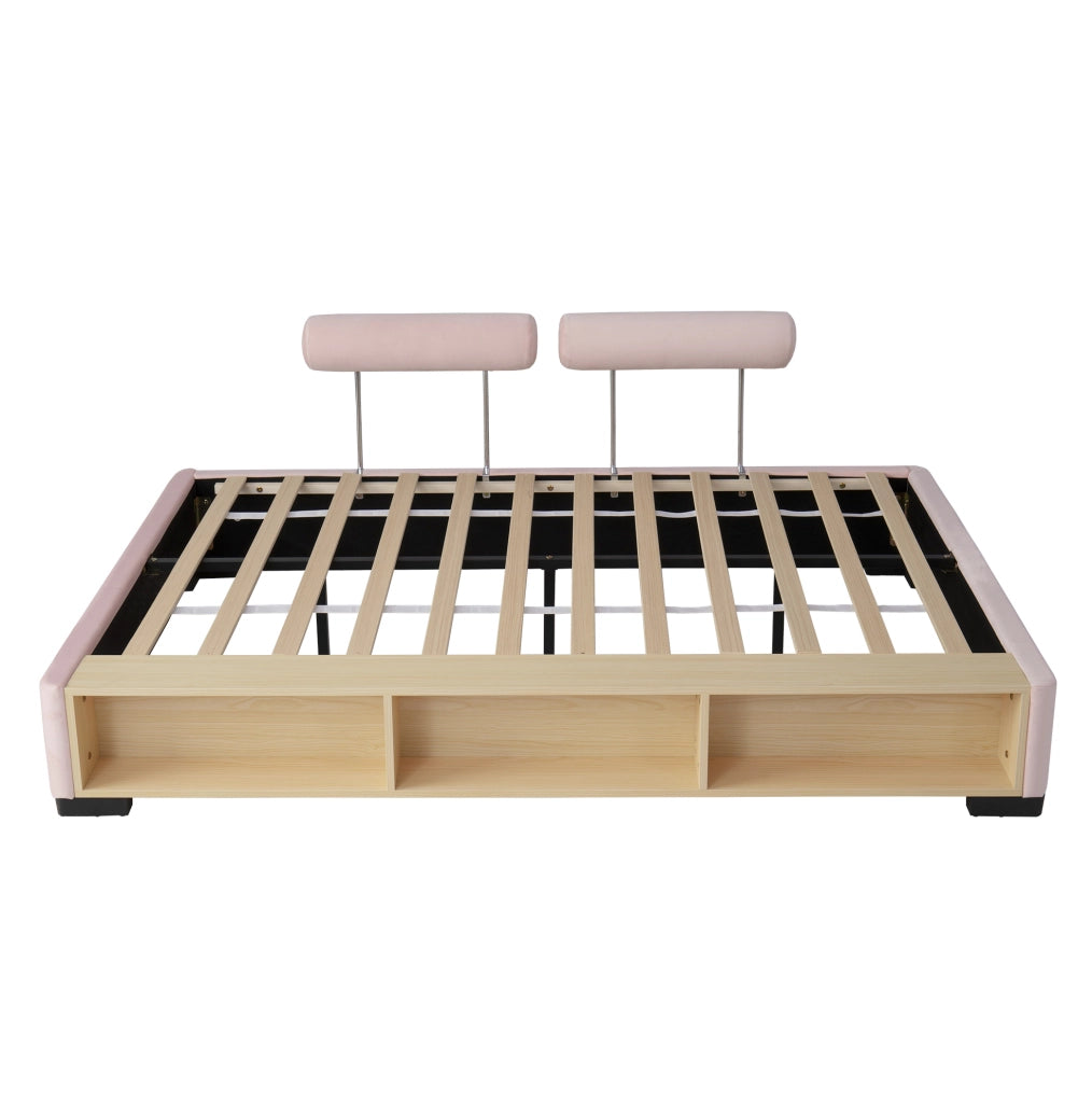 Letto imbottito 140x200 cm con vani laterali e LED in velluto rosa
