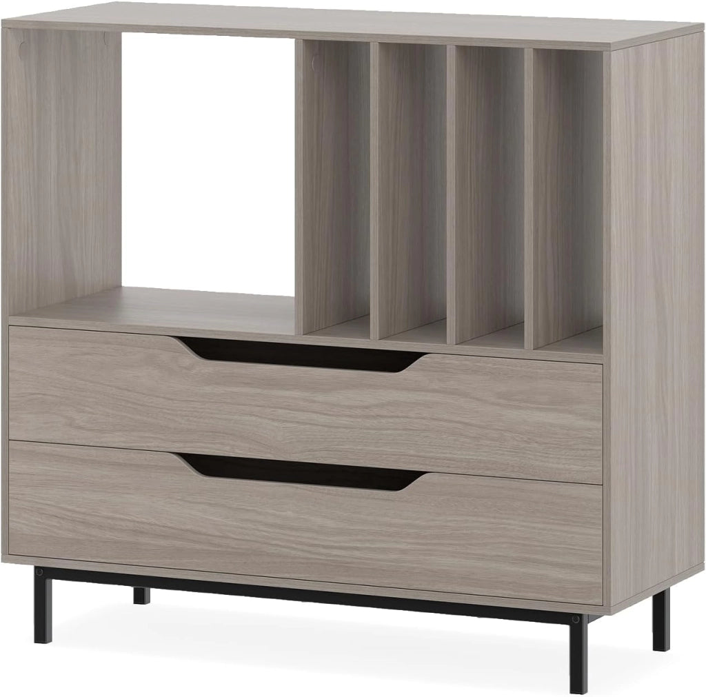 Supporto per giradischi, in vinile con scomparti aperti, 4 divisori, gambe in metallo e cassetto, supporto per dischi in legno, per sala musica e soggiorno (marrone)