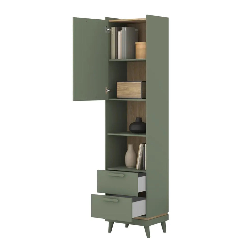 Set ufficio NOKI – Scrivania + armadio per archiviazione + libreria – Verde e legno scandinavo