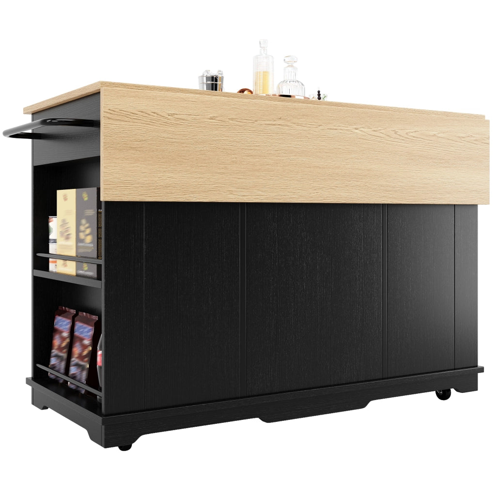 Carrello da Cucina con 1 Cassetto Piano Ribaltabile e Vani in MDF Vetro 151.5 x 60 x 91.7 cm Nero Naturale