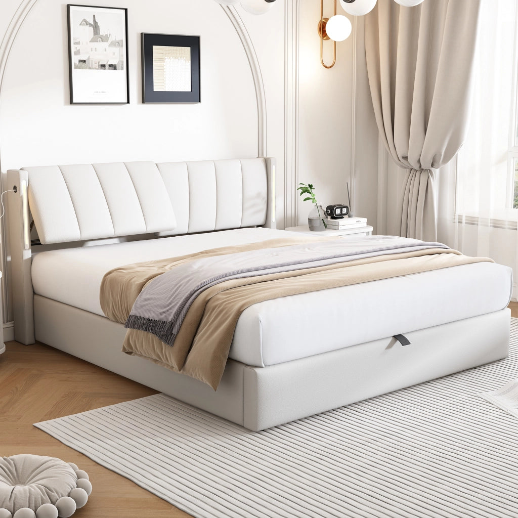 Letto imbottito idraulico con luci LED USB 180x200 cm colore PU bianco