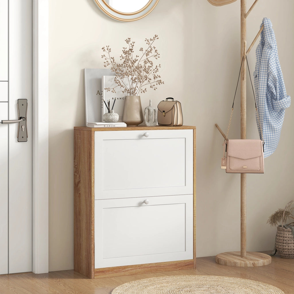 Mobiletto per Scarpe con 2 Ante e Ripiani Regolabili ¨C Zephmum ¨C 60x24.5x75.5 cm Legno Naturale e Bianco