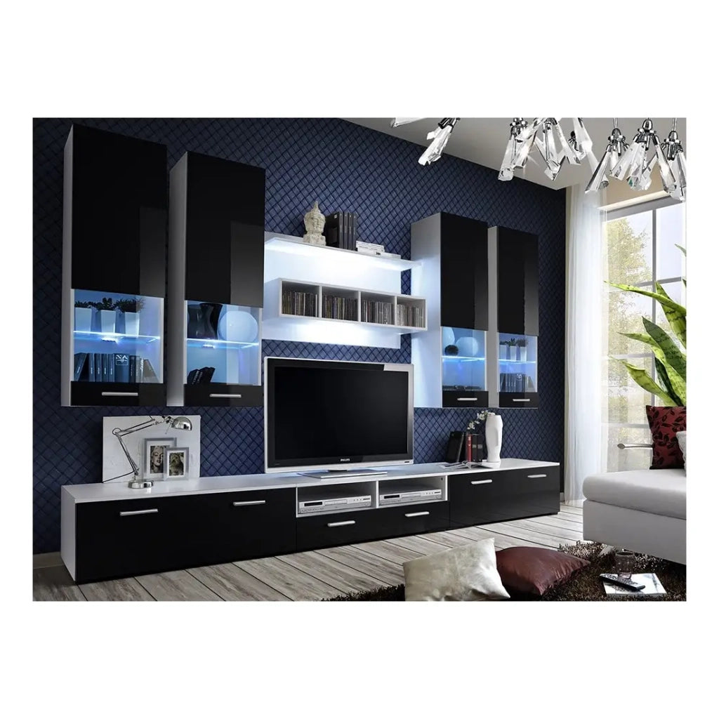 Composizione di mobili per TV design della collezione SAGA. Colori bianco e nero.