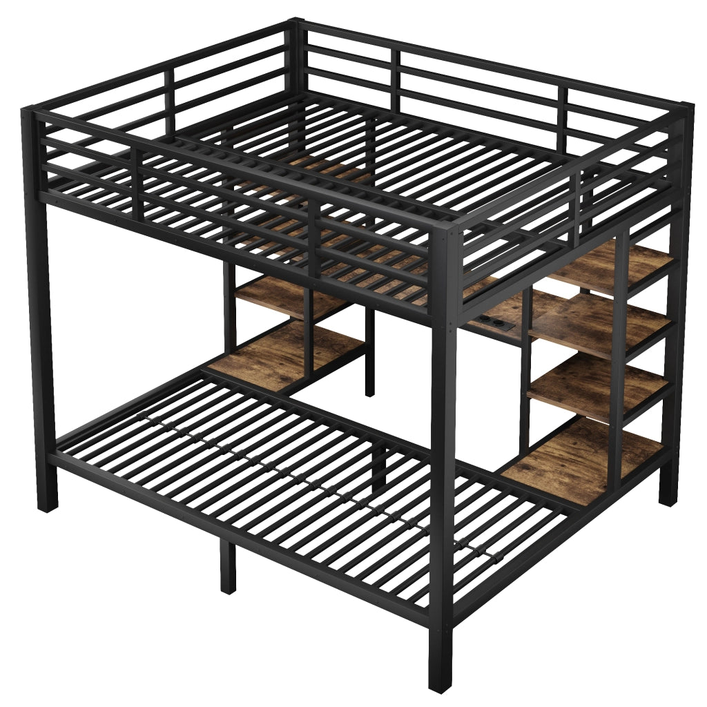 Letto a castello 140×200 cm e 90×200 cm con USB; Type-C; LED e ripiani; senza materasso; metallo; nero