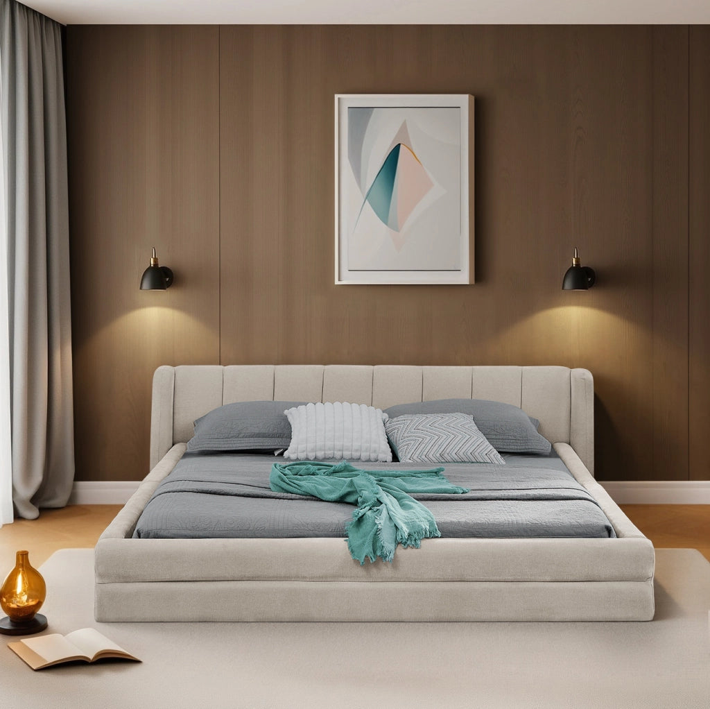 Letto 140x200 cm con testiera ergonomica e struttura robusta; beige